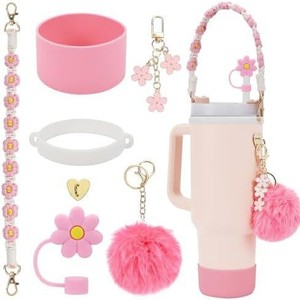 Lower Decor Water Cup Set Silicone Straw <b>Cap</b> Cup Cover Pom Pom Keyring Portable Hand Lanyard - Product Image 1