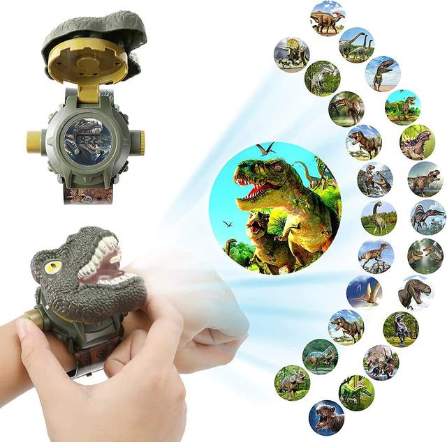IN STOCK Plastic 24 Pattern Electronic Projection Dinosaur Flip Cover Toy Watch for Kids