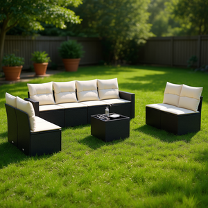 Conjunto de sofá de jardín negro y crema con muebles de exterior de ratán PE, cojín impermeable, diseño contemporáneo - Product Image 2