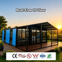 Villa Kontainer Bergelombang Biru yang Dapat Diperluas, 3 Kamar Tidur, Tahan Cuaca, 20 kaki, 2 Kamar Tidur, Pintu Geser Kaca, Teras, Rumah Kecil
