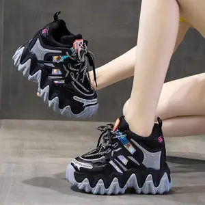 Sepatu kets vulkanisir wanita, sneaker Platform Chunky, sepatu latihan ayah wanita