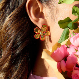 Flower Stud <b>Earrings</b> 18K Gold Plated <b>Red</b> Enamel Stainless Steel Post Gift Jewelry - Product Image 2