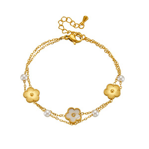 European American Style Retro Multi Layer Gold Plated Stainless Steel Chain Flower Bracelet With Green Stone And Pearl - Product Image 4