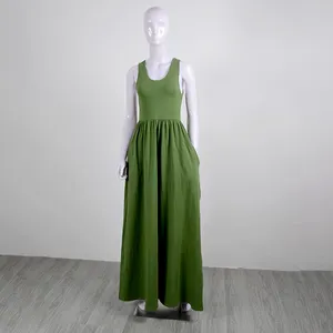 Vestido de verano de manga corta, color verde liso, plisado, de algodón, informal