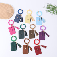 Verticale ID-creditcardhouder sleutelhanger siliconen kralen portemonnee portemonneetje stretch armband polsbandje PU lederen kwast sleutelhanger