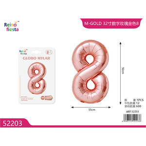 Palloncino Numero 8 in Mylar Oro Rosa da 32 Pollici, Marca Peiyong Modello 52203 per Celebrazioni ed Eventi - Product Image 1