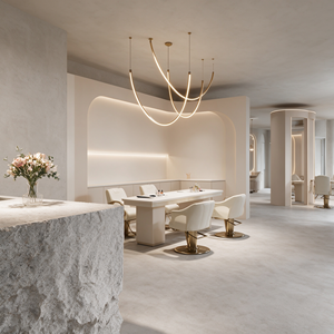 Muebles Completos para Salón de Belleza con Renderizado 3D Personalizado, Muebles Modernos de Estilo Minimalista Crema para Recepción y Sala de Espera de Spa - Product Image 1