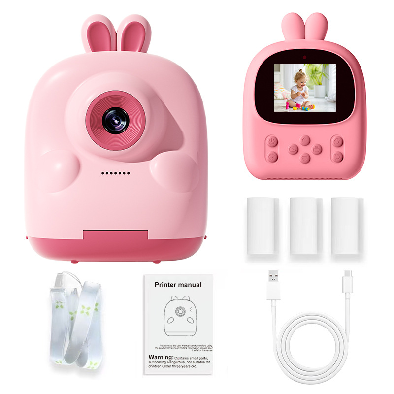 Cámara con estampado de conejito rosa para niños