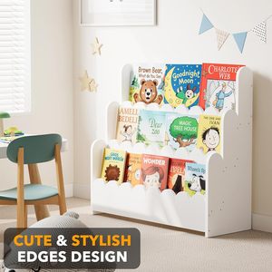 Étagère à livres Montessori à 3 niveaux à bords festonnés pour les tout-petits, meuble de rangement en bois pour le salon avec une grande capacité et un design vintage - Product Image 4