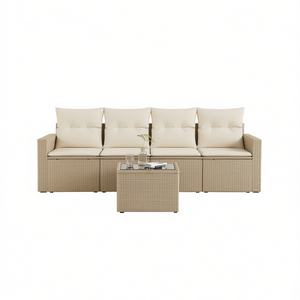 Conjunto de Sofás Modulares de Ratán Beige para Jardín, Muebles de Exterior Cómodos, Diseño Contemporáneo, Cojines de Espuma de Alta Densidad - Product Image 1
