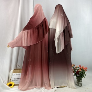Popular Abaya Set Sparkle Starry Sky Gradient Color Cardigan With Long Hijab Muslim Islamic Women Classy Abaya 2PCS Set 67501# - Product Image 5