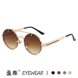 Retro <b>Round</b> <b>Frame</b> <b>Sunglasses</b> Metal Spring Temples Double Bridge Steampunk Style Men UV400 Protection Gold - Product Image 2