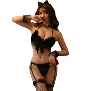 <b>Sexy</b> Feather Bowknot Open Back Open Crotch Three Piece Lingerie <b>Set</b> for Night - Product Image 5