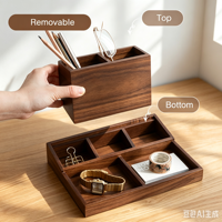 Boîte de rangement de bureau en bois avec 3 compartiments de rangement, plateau porte-stylos