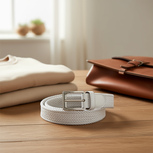 Ceinture élastique tissée blanche 3,5 cm avec boucle en acier à double languette, style décontracté pour hommes et femmes 105 110 120 - Product Image 4