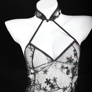 Lencería Lemon Story, Estilo Cheongsam, Malla Transparente con Bordado Floral de Aves, Vestido Sexy para Mujer - Product Image 1