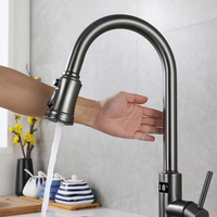 Robinet de salle de bain moderne en acier inoxydable brossé, à capteur sans contact, monotrou, à montage sur plan, avec douchette extractible, en céramique, à poignée unique
