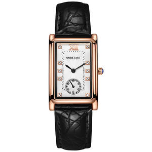 Montre tendance à quartz carrée avec bracelet en cuir et sertissage de diamants - Product Image 5