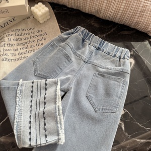 Jeans décontractés en dentelle pour filles, pantalons à jambes larges, pantalons à la mode pour enfants, printemps - Product Image 3