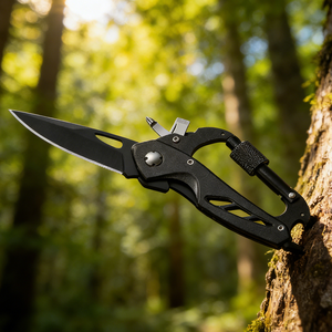 Mousqueton d'escalade extérieur 6-en-1 en acier, outil de survie multifonction, <span class=keywords><strong>couteau</strong></span> pliant, porte-clés en D, couteaux de poche EDC pour le camping - Product Image 2