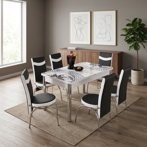 Juego de mesa de comedor extensible moderno con 6 sillas, tapa de vidrio, diseño de respaldo sólido, muebles para comedor en casa - Product Image 2