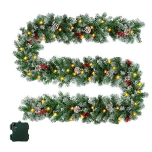 New design Xmas garland with pine cones and red berries artificial snowy pine Christmas garland