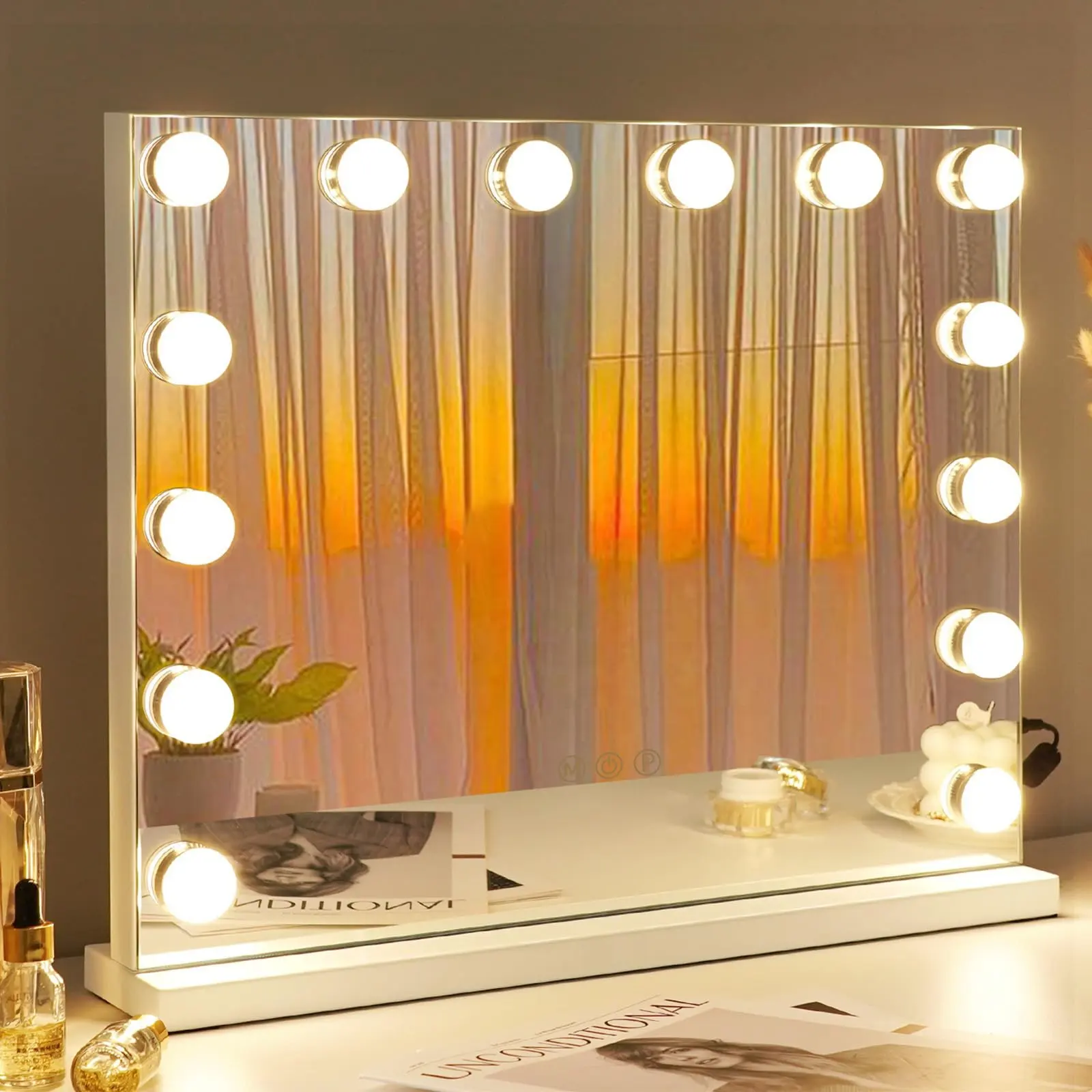 Espejo de tocador LED Estilo madera de acebo con 14 bombillas LED atenuadoras táctiles para tocador de maquillaje