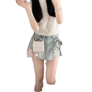 <span class=keywords><strong>Jupe</strong></span>-<span class=keywords><strong>culotte</strong></span> trapèze en <span class=keywords><strong>jean</strong></span> bleu lait pour femme, taille haute, motif floral, technique cirée, amincissante, design asymétrique, collection été - Product Image 4