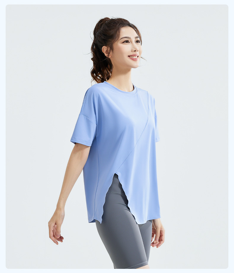 New Women's Spring and Autumn Yoga Wear Spandex/Nylon Slit Loose Short Sleeve Sports Running T-Shirt for Adults