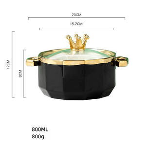 Cuenco de porcelana con tapa transparente para sopa, cuencos de cerámica con borde dorado de 800 ML - Product Image 2