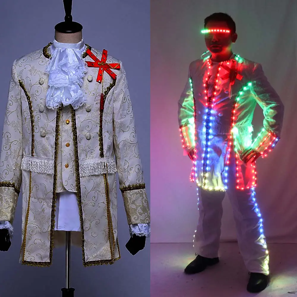 Europe Style LED Court Marshal Clothing Performance Wear for Men Groom Wedding Suits Party Stage Singer Costume