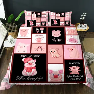 Cute cartoon pink pig bedding set with 2 pillow cases Full size customizable name Duvet cover set