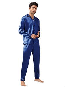 Conjunto de <span class=keywords><strong>Pijama</strong></span> de Seda Satén de Lujo para <span class=keywords><strong>Hombre</strong></span> al por Mayor, Traje de Dormir de Manga Larga con Botones, Ropa de Estar por Casa, Talla XL, Ropa de Dormir Clásica y Pantalones Largos - Product Image 2