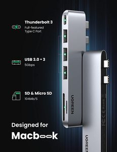 Adaptateur USB C UGREEN pour MacBook Hub Thunderbolt 3 avec 3 ports USB 3.0 100W USB C Power Delivery Lecteur de carte Micro SD SD - Product Image 2