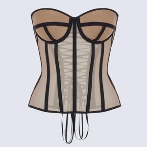 Top bustier en maille transparente sans bretelles, coupe cœur, avec baleines, dos lacé, bordure contrastante, effet sculptant la taille, idéal pour les soirées - Product Image 1