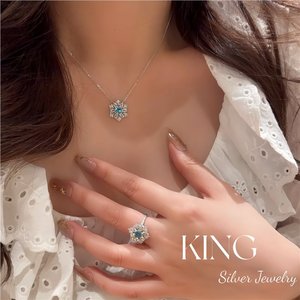 King Silver Jewelry Frost Flower Snowflake <b>Ring</b> Necklace Set Crystal Rhinestone Claw Setting Women's Everyday Wear - Product Image 4