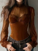 Chemisier Corset Transparent en Maille pour Femme, Manches Longues Évasées, Bordure Dentelle, Coupe Ajustée Élégante, Style Gothique, Printemps Automne, Chemise de Soirée 2026