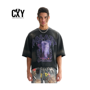 T-shirt da uomo in misto cotone lavato stile retrò High Street, 270g, vestibilità ampia, manica corta, girocollo, traspirante, resistente all'usura, con stampa cartoon - Product Image 1