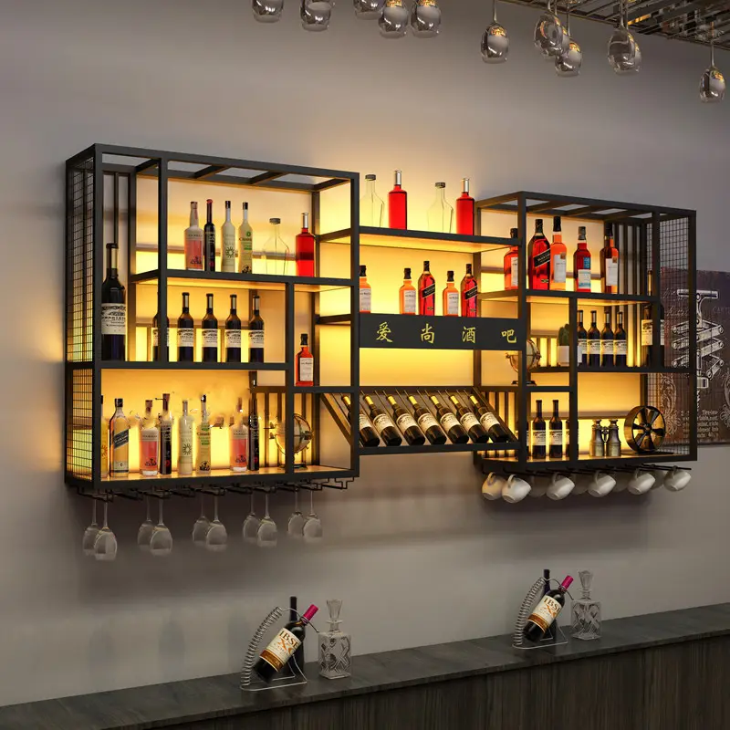 Mensola Vino Industriale Da Parete - Portabottiglie In Legno E Metallo A 2 Ripiani - Foto 5