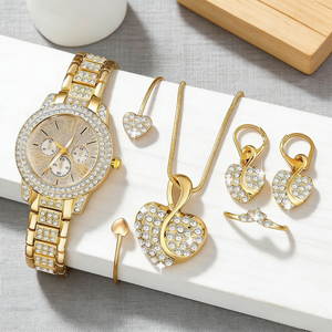 Nouvel ensemble de <span class=keywords><strong>5</strong></span> pièces LP32 en or rose entièrement serti de diamants, <span class=keywords><strong>montre</strong></span> à quartz élégante et décontractée, boucles d'oreilles, collier, bracelets, montres pour femmes - Product Image 3