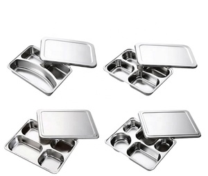 Food grade stainless steel school lunch box fast food serving tray compartments with cover