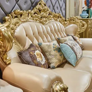 European Royal Luxury Classical Style Sofa Set Custom Genuine Leather Sectional With Antique Goldleaf Wood Living Room