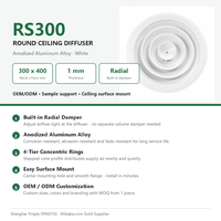 Diffuseur de plafond rond en aluminium anodisé résistant à la corrosion RS300 avec amortisseur radial intégré, montage facile sur surface de plafond
