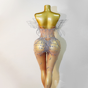 Combinaison en maille transparente avec ailes de papillon 3D en strass argentés, costume de scène pour femmes, tenue de danse pour drag queen - Product Image 3