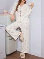 Ensemble de pyjama pour femme en bambou personnalisé, imprimé nœuds blancs et roses, manches longues, volants, attache sur le devant, en modal et coton doux, vêtements de détente et de nuit