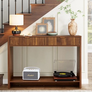 Table console en bois cannelé moderne et minimaliste avec 2 tiroirs cannelés et espace de rangement ouvert pour <span class=keywords><strong>entrée</strong></span> et couloir (vente en gros) - Product Image 4