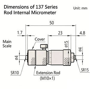 Micromètres intérieurs tubulaires Mitutoyo 137-209, portée métallique 50-1000 mm, avec graduation faciale à pointe en carbure, précision 0,01 mm - Product Image 4