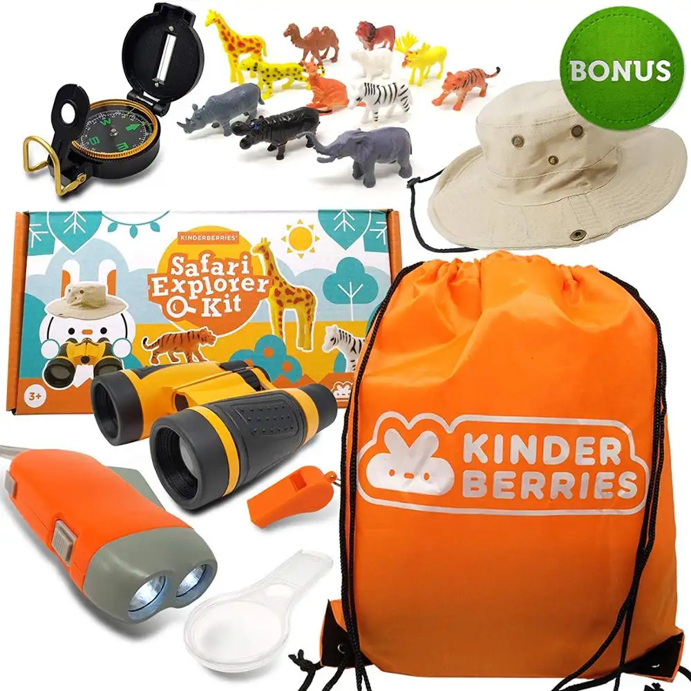 Kids Explorer Kit - Outdoor Binoculars , Animal Figurines , Hand Crank Flashlight , Safari Boonie Hat , Camping Gear