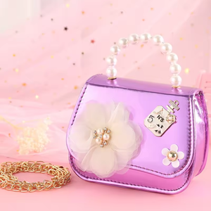 Bolso de mano mini de cuero morado brillante a la moda, estilo princesa, diseño de perlas y flores hechas a mano, lindo - Product Image 4