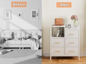 <span class=keywords><strong>Commode</strong></span> blanche à <span class=keywords><strong>5</strong></span> <span class=keywords><strong>tiroirs</strong></span> pour chambre à coucher, étagère de rangement à 2 niveaux pour placard, structure métallique robuste pour couloirs et pièces. - Product Image 5